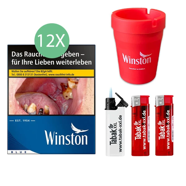 12x Winston Zigaretten Blue 5XL 2x elektro Feuerzeuge 1x Sturmfeuerzeug 1x Auto-Aschenbecher