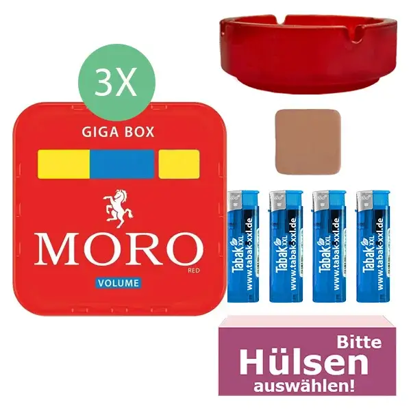 Moro Tabak 3 x Giga Box mit wählbaren Hülsen und Aschenbecher