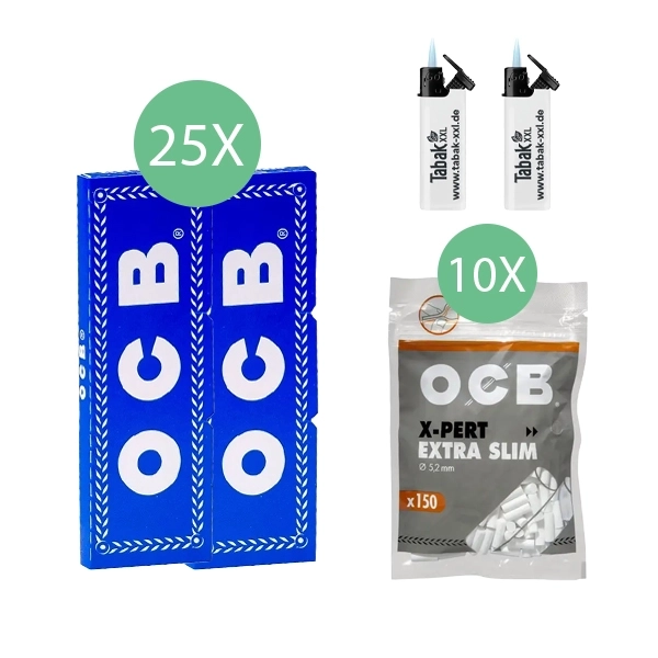 25x-ocb-blaettchen-blau-50-blatt-+-10x-ocb-x-pert-extra-slim-filter-+-2x-sturmfeuerzeuge 25x-ocb-blaettchen-blau-50-blatt-+-10x-ocb-x-pert-extra-slim-filter-+-2x-sturmfeuerzeuge