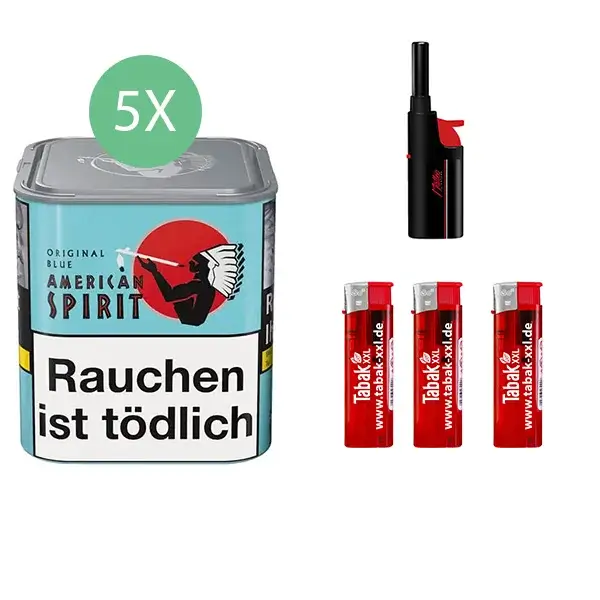 American Spirit Tabak Blue 5 x Dose mit Feuerzeugen