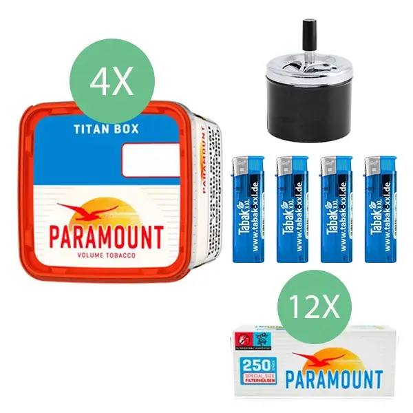 Paramount Volumentabak Red 4 x Titan Box mit 3000 Special Size Hülsen und Drehaschenbecher