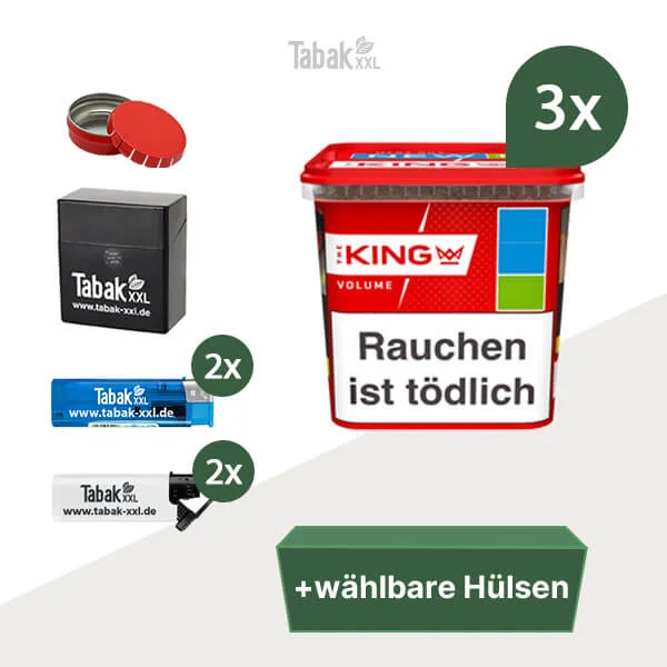 3x King Volumentabak Red Mega-Box mit wählbaren Hülsen und Etui